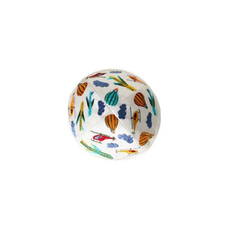 Embroidered Airplanes Kippah - White | Kippahs | Judaica